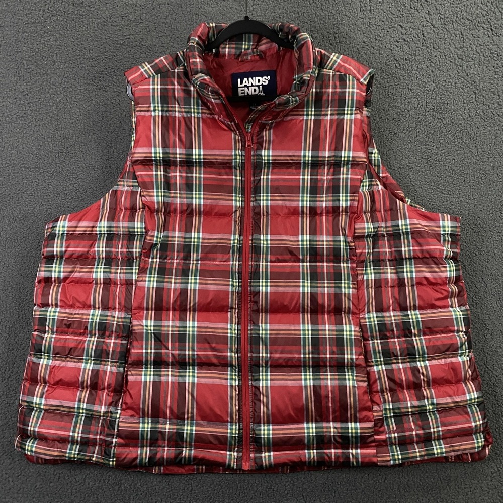 Lands' End Vest Womens 3X Red Plaid Down Puffer Quilted Full Zip Tartan Winter